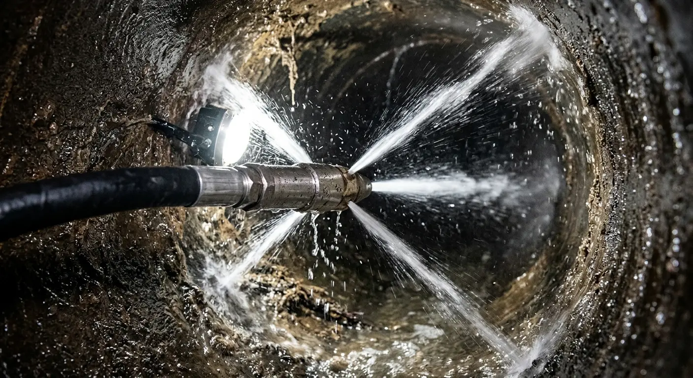 High-pressure hydro jetting nozzle cleaning sewer pipe for Trenchless Sewer Repair in Elburn
