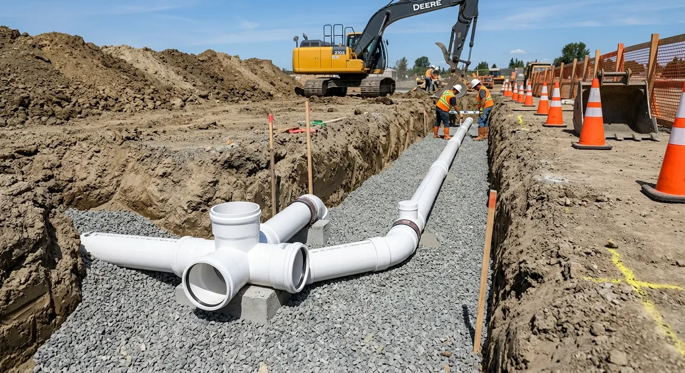 New PVC sewer pipe installation in open trench for Sewer Backup in Elburn